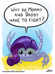 Size: 432x576 | Tagged: safe, artist:texasuberalles, derpibooru import, rarity, crab, hybrid, half-breed, interspecies offspring, meme, offspring, parent:giant crab, parent:rarity, rarity fighting a giant crab, solo, wat