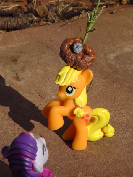 Size: 1944x2592 | Tagged: applejack, artist:maggie-x-awesomeness, blind bag, derpibooru import, figure, giant hat, hat, irl, photo, rarity, safe, toy