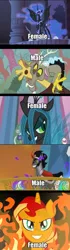 Size: 364x1293 | Tagged: safe, derpibooru import, discord, king sombra, nightmare moon, queen chrysalis, sunset shimmer, pony, season 4, antagonist, evil grin, fiery shimmer, fire, grin, smiling