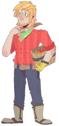 Size: 394x842 | Tagged: apple, artist:stevetwisp, bandana, beard, belt, big macintosh, boots, clothes, derpibooru import, facial hair, freckles, frown, humanized, jeans, male, safe, solo, tumblr nose