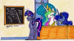 Size: 1685x928 | Tagged: artist:newyorkx3, chalkboard, derpibooru import, princess celestia, princess luna, safe, traditional art, twilight sparkle