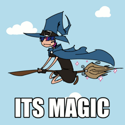 Size: 600x600 | Tagged: safe, artist:spromultis, derpibooru import, twilight sparkle, :i, animated, broom, caption, cloud, cloudy, flying, flying broomstick, hat, humanized, magic, sitting, skinny, sky, sparkles, wat, witch, witch hat