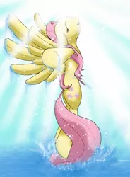 Size: 1237x1681 | Tagged: safe, artist:michinix, derpibooru import, fluttershy, pegasus, pony, butt, crepuscular rays, eyes closed, female, mare, open mouth, plot, smiling, solo, sparkles, splash, spread hooves, spread wings, water, wet mane, wings