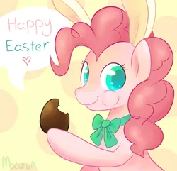 Size: 2141x2068 | Tagged: safe, artist:moozua, derpibooru import, pinkie pie, earth pony, pony, bunny ears, candy, colored pupils, costume, dialogue, easter, easter egg, eating, female, mare, solo, speech bubble