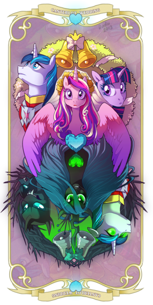 Size: 458x911 | Tagged: dead source, safe, artist:dashiana, derpibooru import, princess cadance, queen chrysalis, shining armor, twilight sparkle, alicorn, changeling, changeling queen, pony, unicorn, a canterlot wedding, card, contrast, duality, female, male, mare, no more ponies at source, scene interpretation, stallion, unicorn twilight, upside down