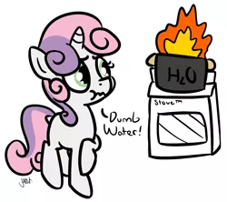 Size: 1448x1285 | Tagged: safe, artist:heretichesh, derpibooru import, sweetie belle, pony, unicorn, bad cooking, cooking, dumb fabric, female, filly, fire, food, how, raised hoof, scrunchy face, simple background, solo, stove, sweetie belle can't cook, sweetie fail, this will end in tears and/or breakfast, water, white background