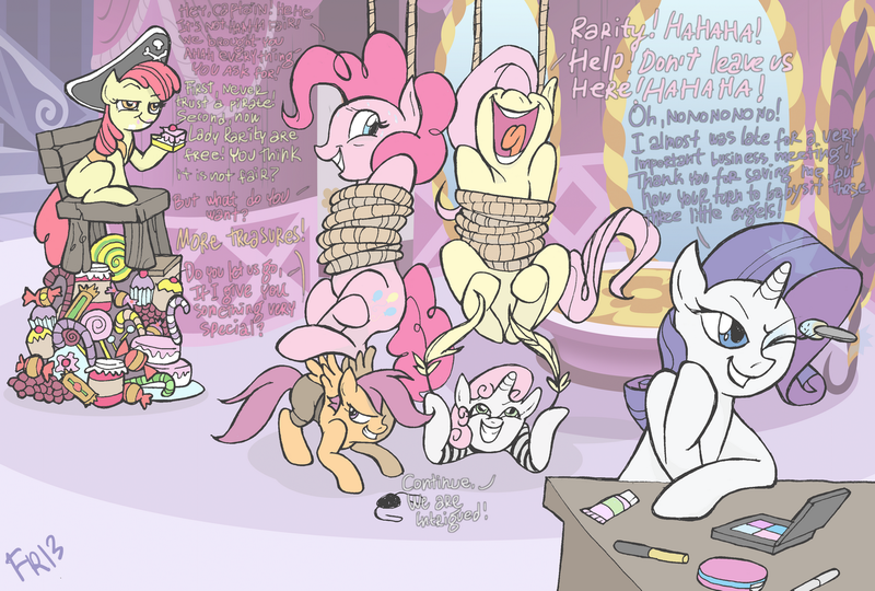 Size: 1276x862 | Tagged: apple bloom, artist:fr-13, babysitting, bondage, carousel boutique, cutie mark crusaders, derpibooru import, engrish, fluttershy, hoof tickling, makeup, pinkie pie, pirate, rarity, safe, scootaloo, suspended, sweetie belle, tickle torture, tickling, tied up