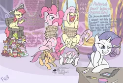 Size: 1276x862 | Tagged: apple bloom, artist:fr-13, babysitting, bondage, carousel boutique, cutie mark crusaders, derpibooru import, engrish, fluttershy, hoof tickling, makeup, pinkie pie, pirate, rarity, safe, scootaloo, suspended, sweetie belle, tickle torture, tickling, tied up