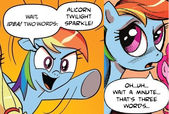 Size: 540x366 | Tagged: derpibooru import, embarrassed, exploitable meme, idw, meme, rainbow dash, safe, two words meme