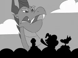 Size: 500x375 | Tagged: artist:eliwood10, cinema, crossover, crow t robot, derpibooru import, monochrome, movie, mystery science theater 3000, pinkie pie, safe, spike, tom servo