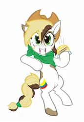 Size: 1332x1935 | Tagged: safe, artist:1ltdaniels, derpibooru import, oc, oc:roasty bean, ponified, pony, arepa, bipedal, collaboration, colombia, country, flag, food, freckles, hat, hoof hold, looking at you, nation ponies, neckerchief, simple background, smiling, white background