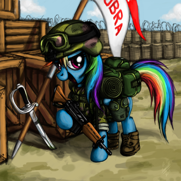 Size: 1080x1080 | Tagged: ak-47, artist:myminiatureequine, assault rifle, backpack, banner, crate, derpibooru import, goggles, gun, helmet, looking at you, military, rainbow dash, rifle, safe, soldier, solo, sword, trench, weapon