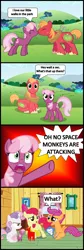 Size: 1048x3132 | Tagged: safe, artist:bronybyexception, derpibooru import, apple bloom, big macintosh, cheerilee, scootaloo, sweetie belle, earth pony, monkey, pegasus, pony, unicorn, boop, cheerimac, comic, confused, cutie mark crusaders, d:, doll, eyes closed, female, filly, frown, glare, hoof hold, looking at you, looking back, male, mare, nose wrinkle, noseboop, nuzzling, open mouth, playing, plushie, pointing, pointy ponies, raised eyebrow, raised hoof, scared, shipper on deck, shipping, shocked, sitting, smiling, speech bubble, spread wings, stallion, straight, surprised, sweetie belle is not amused, tongue out, toy, unamused, uvula, wat, wide eyes, wings, yelling