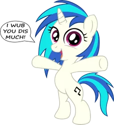 Size: 3000x3302 | Tagged: safe, artist:aleximusprime, artist:firestorm-can, derpibooru import, vinyl scratch, pony, unicorn, bipedal, chibi, comic, cute, cutie mark, daaaaaaaaaaaw, female, filly, foal, hooves, horn, open mouth, simple background, solo, text, transparent background, vector, wub, younger