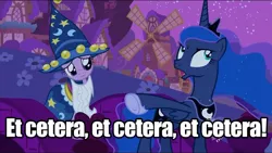 Size: 1275x717 | Tagged: safe, derpibooru import, edit, edited screencap, screencap, princess luna, twilight sparkle, luna eclipsed, clothes, costume, duo, etc, et cetera, hub logo, image macro, nightmare night costume, star swirl the bearded costume