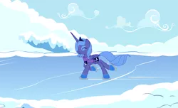 Size: 1276x775 | Tagged: safe, artist:tenchi-outsuno, derpibooru import, princess luna, clothes, cloud, eyes closed, ice, ice skating, s1 luna, scarf, sky, snow, solo, winter