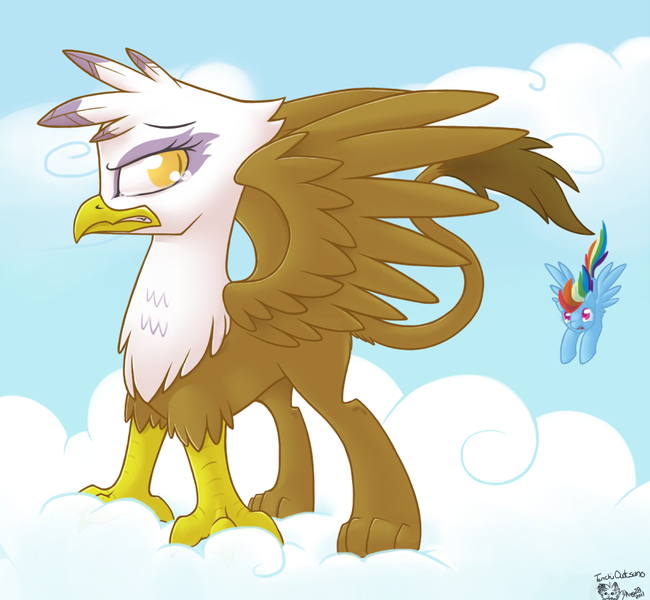 Size: 1006x928 | Tagged: safe, artist:tenchi-outsuno, derpibooru import, gilda, rainbow dash, gryphon, cloud, cloudy