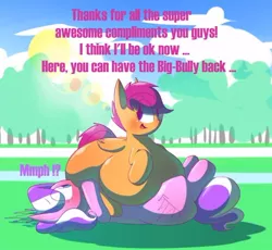 Size: 500x459 | Tagged: artist:secretgoombaman12345, ask chubby diamond, blushing, chubby diamond, derpibooru import, diamond tiara, facesitting, fat, impossibly large butt, kiss my ass, morbidly obese, obese, scootalard, scootaloo, sitting, suggestive, tumblr