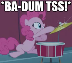 Size: 400x354 | Tagged: baby cakes, ba dum tss, cropped, cymbals, derpibooru import, dexterous hooves, drums, drumsticks, edit, edited screencap, hoof hold, image macro, musical instrument, pinkie pie, rimshot, safe, screencap, solo