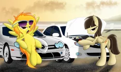 Size: 1999x1203 | Tagged: artist:spitshy, bedroom eyes, car, derpibooru import, looking at you, mercedes-benz, mercedes-benz slr mclaren, plot, safe, spitfire, stupid sexy spitfire, subaru, subaru impreza, sunglasses, supercar, wild fire