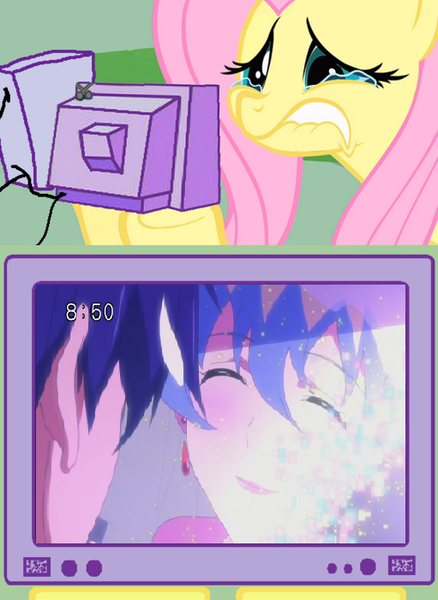 Size: 511x700 | Tagged: crying, derpibooru import, exploitable meme, fluttercry, fluttershy, nia teppelin, poignant, safe, simon, spoilers for another series, tengen toppa gurren lagann, tv meme