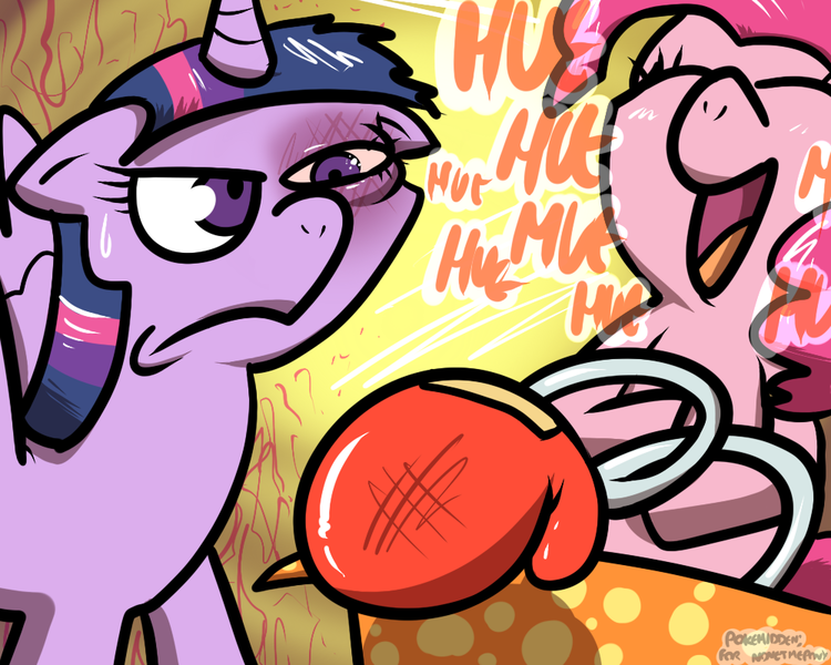 Size: 1000x800 | Tagged: safe, artist:pokehidden, derpibooru import, pinkie pie, twilight sparkle, twilight sparkle (alicorn), alicorn, pony, abuse, black eye, boxing glove, duo, female, injured, laughing, mare, pinkie prick, prank, present, twilight is not amused, twilybuse, unamused