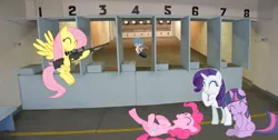 Size: 1680x844 | Tagged: safe, derpibooru import, fluttershy, pinkie pie, rarity, spike, twilight sparkle, dragon, earth pony, pegasus, pony, unicorn, arctic warfare, cutie mark, eyes closed, female, flying, gun, hooves, horn, irl, laughing, legs in air, lying down, mare, open mouth, optical sight, ponies in real life, rifle, shooting range, sitting, smiling, sniper rifle, snipershy, spikeabuse, spiketarget, teeth, weapon, wings