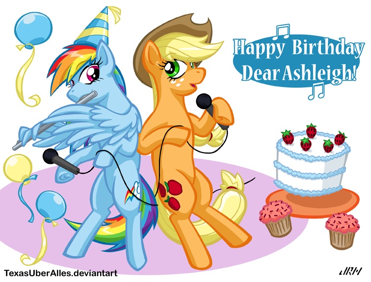 Size: 756x575 | Tagged: safe, artist:texasuberalles, derpibooru import, applejack, rainbow dash, earth pony, pegasus, pony, ashleigh ball, balloon, birthday, birthday cake, cake, cupcake, duo, flute, food, looking at you, microphone, musical instrument, wing hands