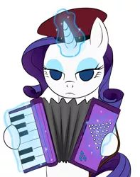 Size: 994x1264 | Tagged: accordion, artist:pia-sama, beatnik rarity, beret, dat face soldier, derpibooru import, hat, magic, musical instrument, rarity, remove kebab, safe, simple background, solo, unicorn master race, white background