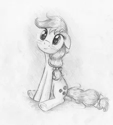 Size: 824x906 | Tagged: applejack, artist:theflyingmagpie, blushing, derpibooru import, floppy ears, looking at you, monochrome, safe, sitting, smiling, solo, traditional art, underhoof