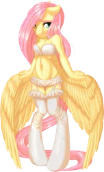 Size: 1131x1857 | Tagged: anthro, artist:kittehkatbar, bandeau, boyshorts, bra, breasts, clothes, derpibooru import, fluttershy, frilly underwear, garters, hooves, lingerie, panties, simple background, stockings, suggestive, transparent background, underwear, unguligrade anthro, white underwear