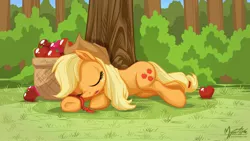 Size: 2560x1440 | Tagged: apple, applejack, artist:mysticalpha, basket, derpibooru import, loose hair, safe, sleeping, solo, tree, wallpaper