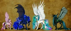 Size: 8370x3672 | Tagged: safe, artist:earthsong9405, artist:volcanico, derpibooru import, princess cadance, princess celestia, princess luna, queen chrysalis, alicorn, bat pony, bat pony alicorn, changeling, changeling queen, pony, absurd resolution, alicorn triarchy, bat wings, brown background, curved horn, fluffy, hybrid wings, jewelry, leg fluff, lidded eyes, looking at you, looking back, lunabat, race swap, raised hoof, raised leg, realistic horse legs, regalia, simple background, size comparison, spread wings, unshorn fetlocks, wing fluff