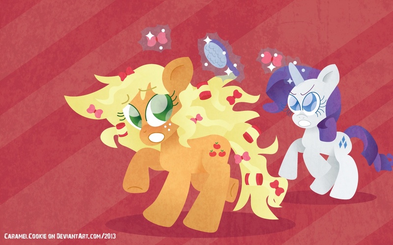 Size: 1280x800 | Tagged: applejack, artist:caramelcookie, bow, brushie, derpibooru import, hair curlers, rarity, safe