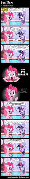 Size: 2300x13719 | Tagged: semi-grimdark, artist:pony-berserker, derpibooru import, pinkie pie, twilight sparkle, earth pony, pony, unicorn, comic:pacifism, the crystal empire, too many pinkie pies, 2013, annoyed, bath, bathtub, cave, cave pool, comic, cringing, dialogue, duo, duo female, english, female, frown, glow, gritted teeth, implied murder, implied slaughter, imprisoned, indoors, magic, magic glow, mare, mirror pool, offscreen character, onomatopoeia, open mouth, partially submerged, peeved, raised hoof, raised leg, sad, shocked, slaughter, smiling, spa, speech bubble, steam, swimming pool, talking, text, transformation, water, yelling, zipper