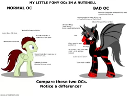 Size: 1600x1200 | Tagged: safe, artist:jiek09, derpibooru import, oc, oc:good oc, oc:normal oc, unofficial characters only, alicorn, bat pony, bat pony alicorn, pegasus, pony, pony creator, alicorn oc, bat wings, comparison, donut steel, edgy, familiar, fangs, floppy ears, frown, glare, horns, image, male, png, red and black oc, sharp teeth, slit eyes, smirk, spread wings, stallion, text, vulgar, wide eyes