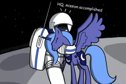 Size: 1400x928 | Tagged: safe, artist:miketheuser, derpibooru import, princess luna, alicorn, human, pony, astronaut, cute, eyes closed, female, hug, luna and the nauts, lunabetes, mare, missing accessory, moon, moonbase alpha, on the moon, s1 luna, smiling, space, spread wings, wings
