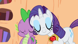 Size: 640x360 | Tagged: safe, derpibooru import, screencap, rarity, spike, secret of my excess, animated, fire ruby, imma snuggle you, nuzzling, shipping fuel, snuggling