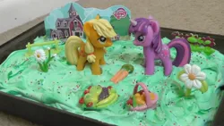 Size: 1768x998 | Tagged: applejack, barn, birthday, birthday cake, cake, derpibooru import, dessert, figure, gift set, hatless, irl, missing accessory, my little pony logo, photo, picnic, safe, toy, twilight sparkle
