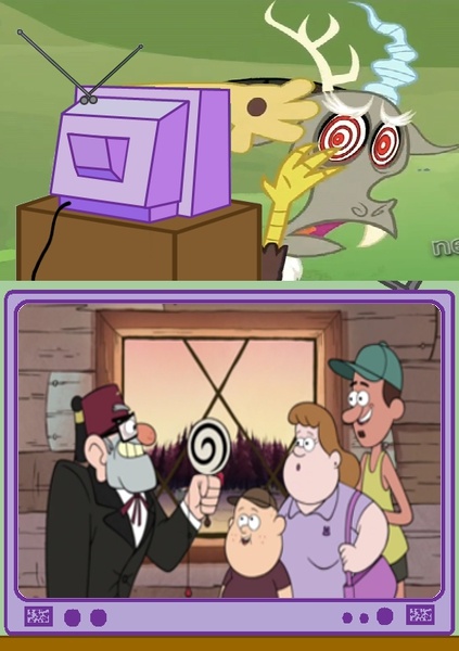 Size: 423x600 | Tagged: derpibooru import, discord, exploitable meme, gravity falls, grunkle stan, hypno eyes, safe, tourist trapped, tv meme