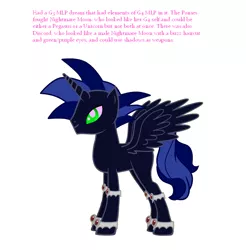 Size: 696x708 | Tagged: safe, derpibooru import, discord, nightmare moon, oc, unofficial characters only, alicorn, pony, pony creator, alicorn oc, donut steel, dream, g3, g4, in name only, male, solo, stallion, text