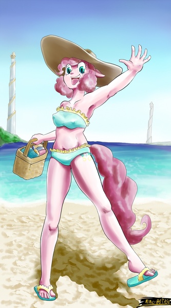 Size: 846x1524 | Tagged: anthro, armpits, artist:botasu-orichumo, beach, bicolor swimsuit, bikini, blue swimsuit, breasts, clothes, derpibooru import, erect nipples, frilled swimsuit, hat, human facial structure, nipple outline, picnic basket, pinkie pie, plantigrade anthro, sandals, suggestive, sun hat, swimsuit