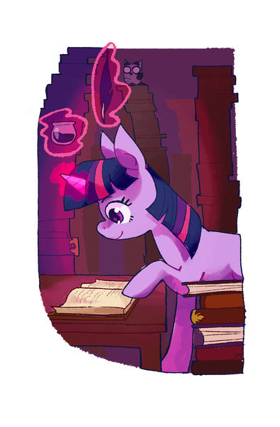 Size: 2013x3063 | Tagged: safe, artist:nifty-senpai, derpibooru import, owlowiscious, twilight sparkle, owl, pony, unicorn, book, bookhorse, colored pupils, cute, female, inkwell, magic, mare, profile, quill, reading, telekinesis, twiabetes, unicorn twilight