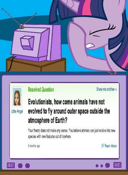 Size: 563x771 | Tagged: creationism, derpibooru import, exploitable meme, facehoof, meme, safe, text, tv meme, twilight sparkle, yahoo answers