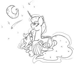 Size: 900x800 | Tagged: artist:otterlore, derpibooru import, monochrome, moon, princess luna, prone, safe, scootaloo, simple background, sketch, white background