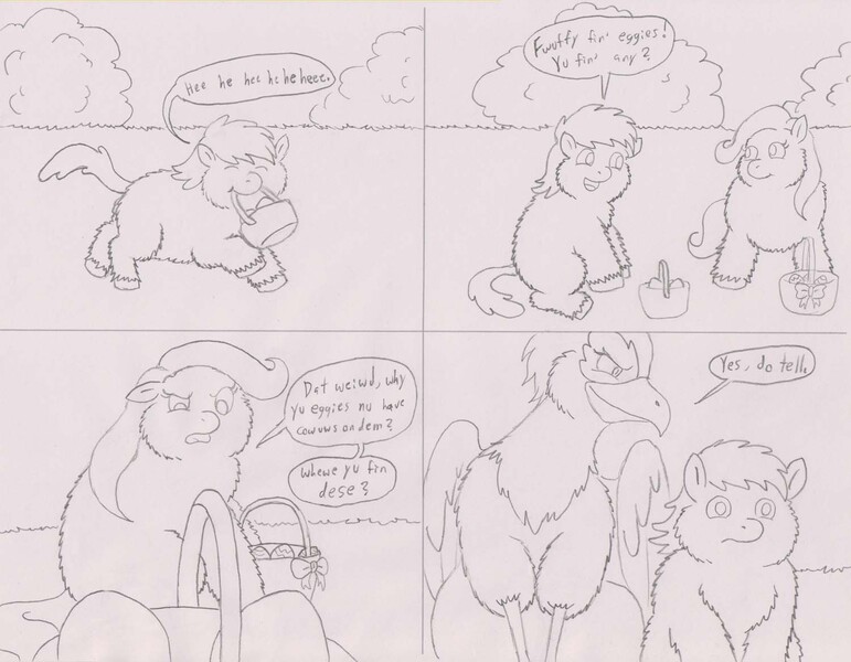 Size: 1500x1167 | Tagged: safe, artist:santanon, derpibooru import, fluffy pony, gryphon, easter, fluffy pony original art