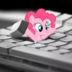 Size: 512x512 | Tagged: safe, derpibooru import, pinkie pie, earth pony, pony, arms in the air, female, grin, i hid in your keyboard, irl, keyboard, looking down, mare, photo, ponies in real life, smiling, solo