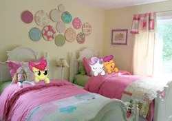 Size: 1600x1125 | Tagged: safe, artist:appleandmuffin, derpibooru import, apple bloom, scootaloo, sweetie belle, earth pony, pegasus, pony, unicorn, apple bloom's bow, bed, bedroom, bow, cutie mark crusaders, female, filly, foal, hair bow, image, irl, photo, png, ponies in real life, sleeping, sleeping together, smiling, snoring, trio