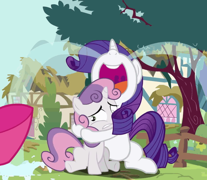 Size: 920x800 | Tagged: accidental abuse, animated, apple bloom, choking, crying, derpibooru import, double rainboom, hug, nose in the air, ocular gushers, rarity, safe, sweetie belle, sweetiebuse, sweetie derp, this might end in death