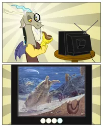 Size: 1050x1299 | Tagged: safe, derpibooru import, discord, anomalocaris, hallucigenia, pikaia, trilobite, burgess shale, exploitable meme, meme, sponge, sunburst background, tv meme